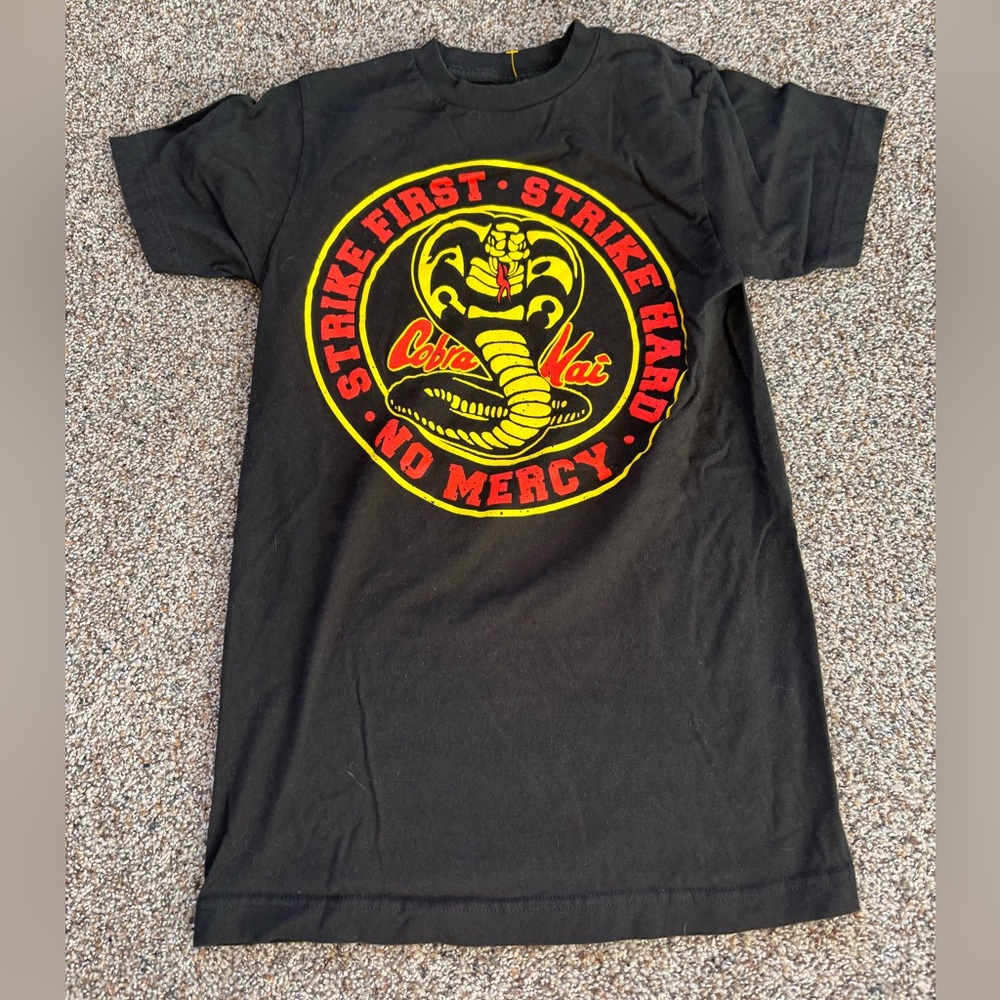 Cobra Kai Strike First Black T-Shirt - No Mercy Graphic tee short sleeve XS